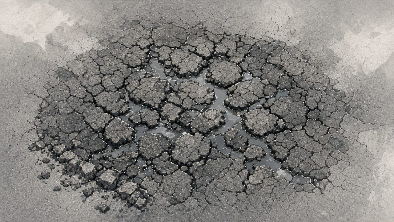 Rainwater sits in web-like fatigue cracks across a worn asphalt lane.