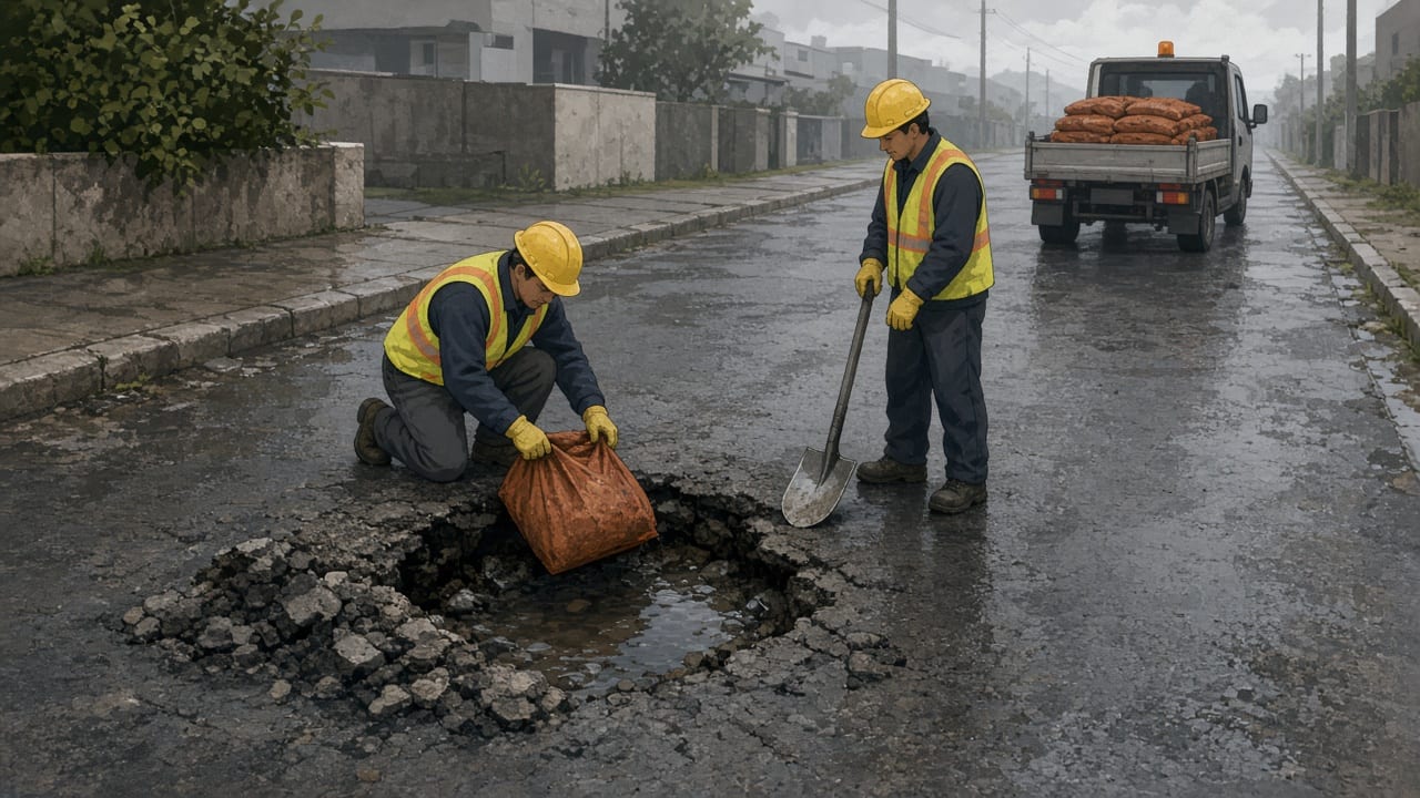 Two small workers fill a waterlogged pothole beside a loaded repair truck.