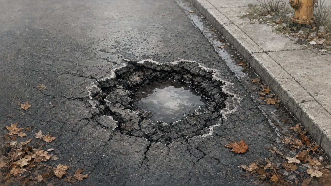 Cold rainwater and thin ice fill a ragged unrepaired pothole at a curb.