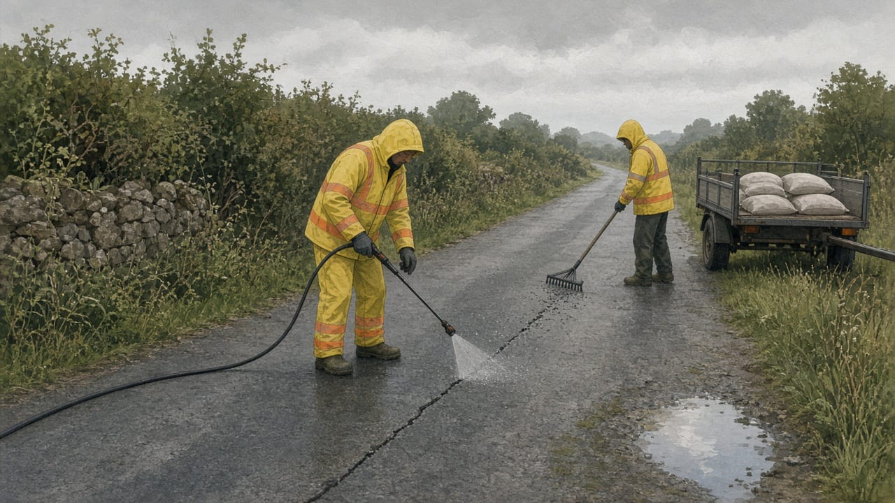 Workers seal a hairline crack on a rural lane beside unmarked bags of repair mix.