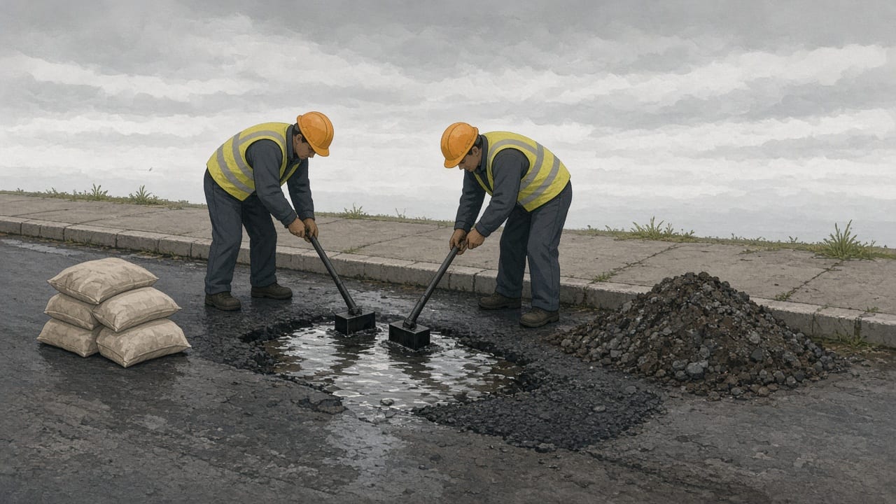 Workers compact fresh mix into a wet pothole beside unmarked sacks and silt.