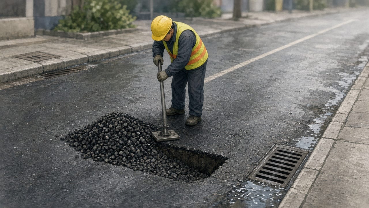 A worker tamps fresh asphalt into a wet pothole beside a glistening drain.