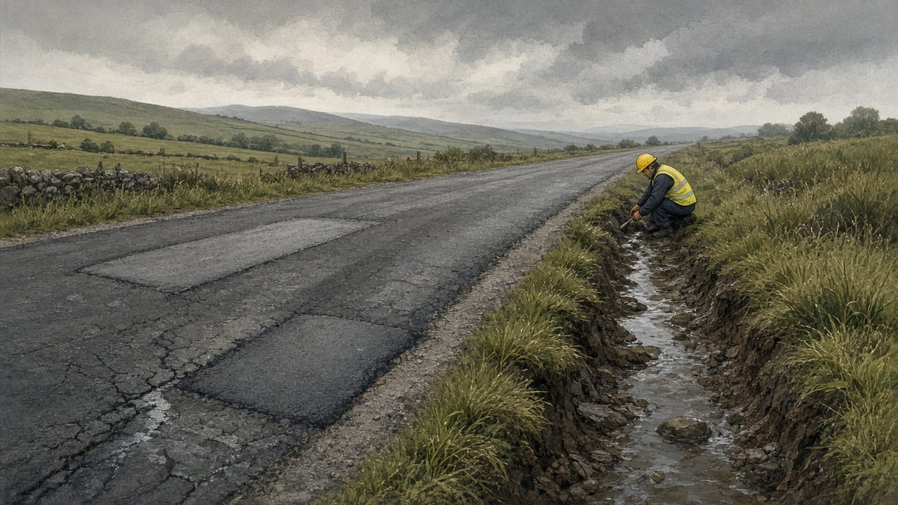 Rainwater leaves cracked asphalt beside a sealed patch and a distant worker.