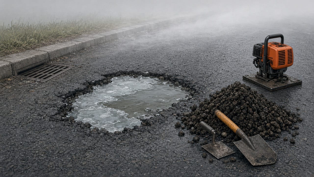 Ice forms around a wet asphalt patch beside material prepared for repair.