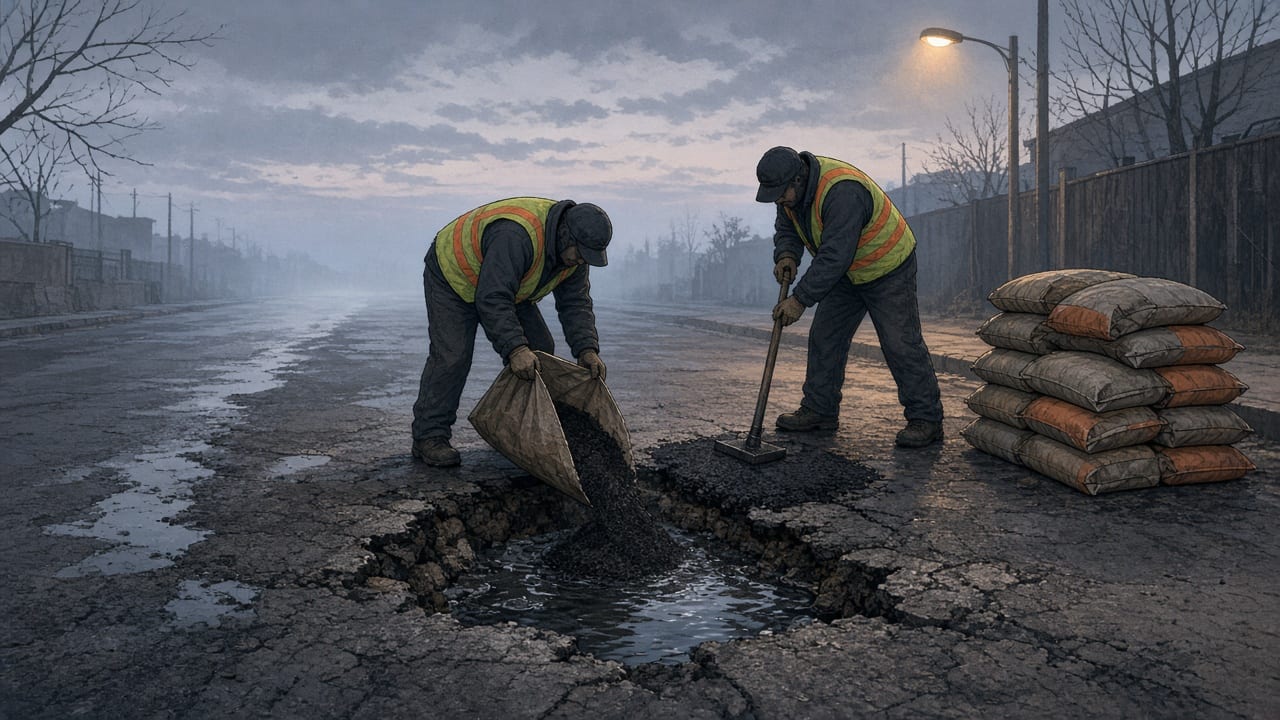 Workers fill a waterlogged pothole with bagged patch before dawn.