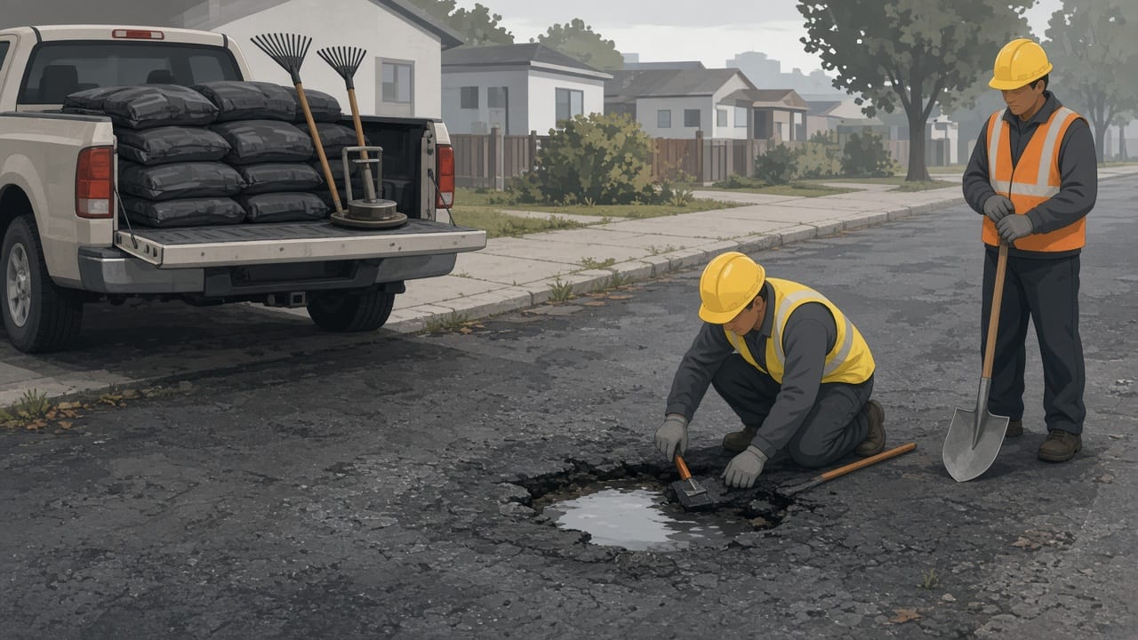 A worker packs cold asphalt into a shallow wet pothole beside a supply truck.