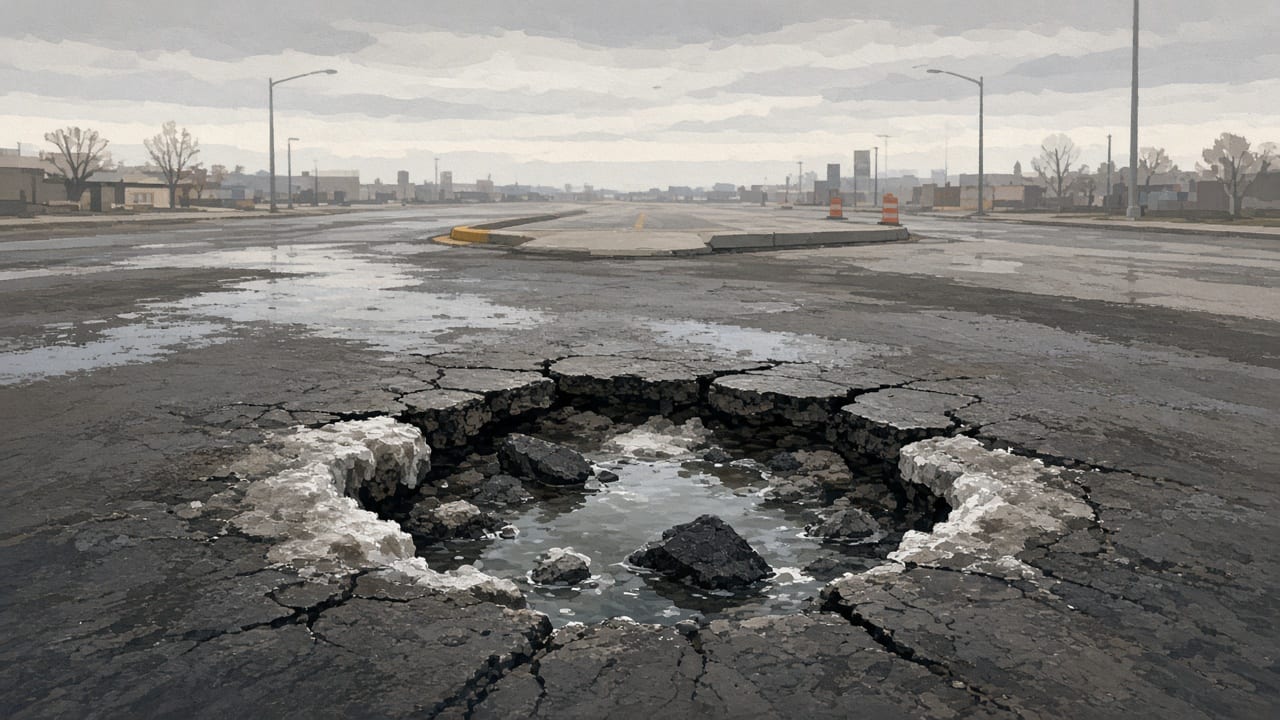 Meltwater and ice widen a jagged pothole in thawing pavement.