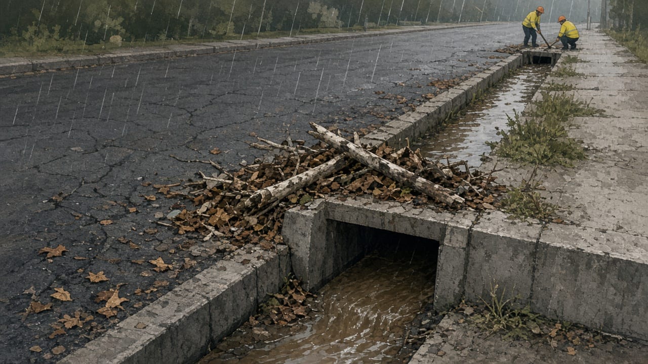 Stormwater flows into a cleared roadside drain beside cracked pavement.