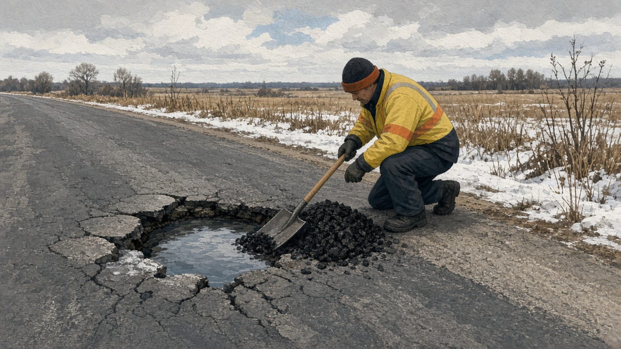 A worker prepares to fill a water-filled pothole after a thaw.