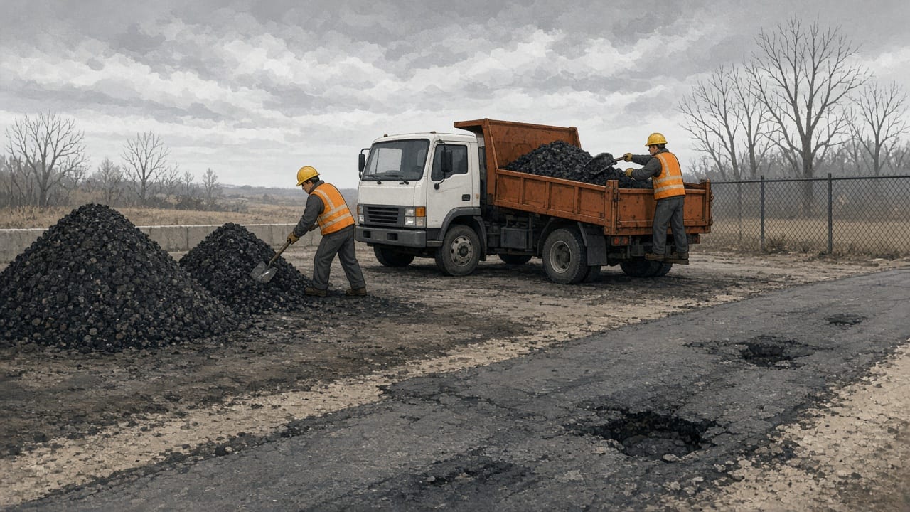 Workers load cold-patch asphalt at a yard near potholed roads.