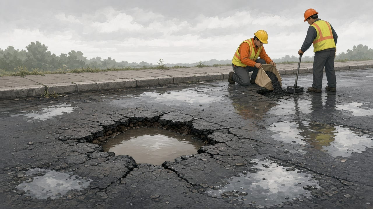A worker fills a rain-filled pothole with loose asphalt while another compacts it.