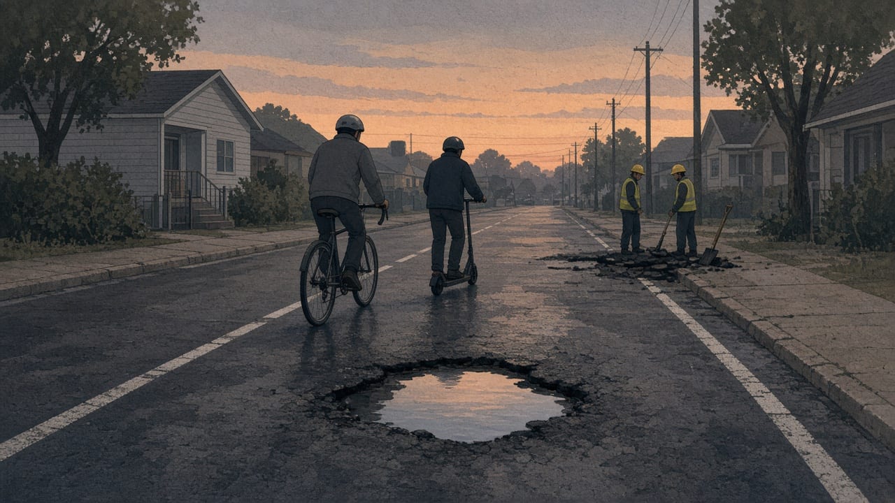 Riders slow near a rain-filled hole while distant workers stand by broken pavement.