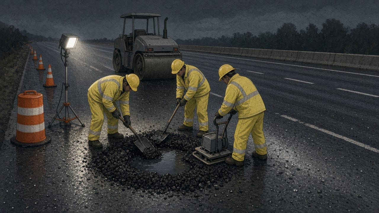 Night crew compacts asphalt into a wet pothole during a short freeway lane closure.