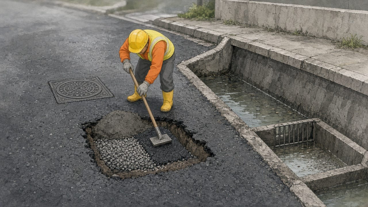 Workers compact a carefully prepared asphalt repair beside a cleared roadside drain.
