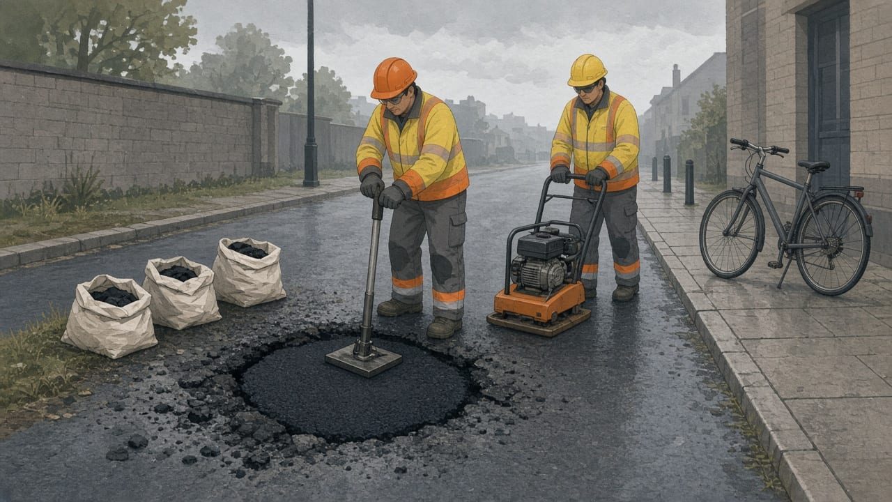 Crews compact fresh asphalt into a wet pothole beside a waiting bicycle.
