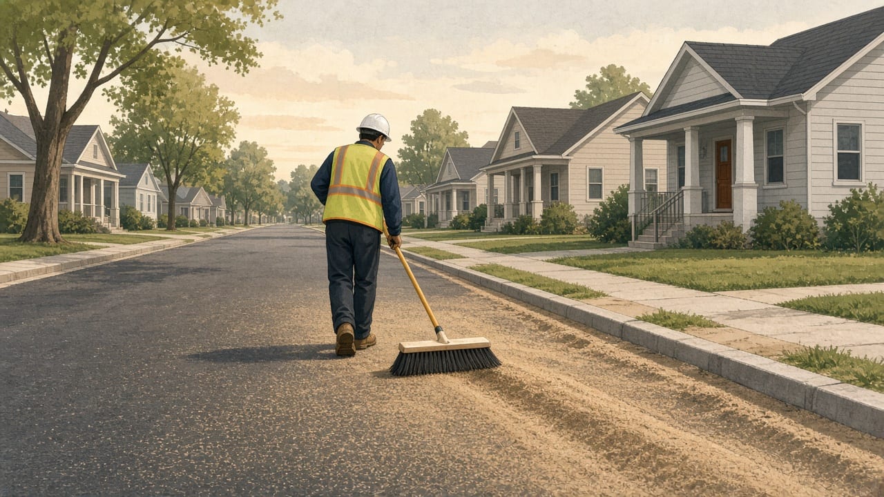 A worker sweeps excess sand from a newly treated neighborhood road.